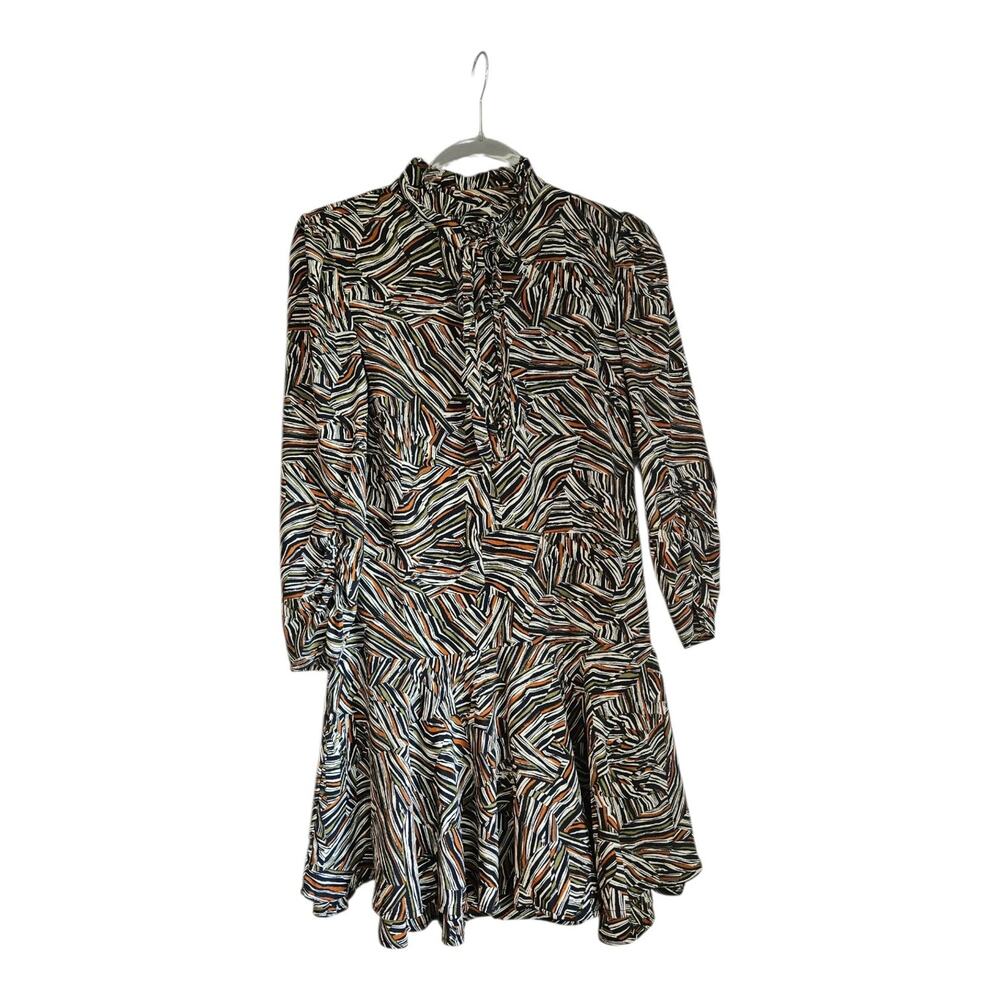 Top Shop Dress Size 6 Shift 3/4 Sleeve Drop Waist Self Tie Neck Ruffle Side Zip